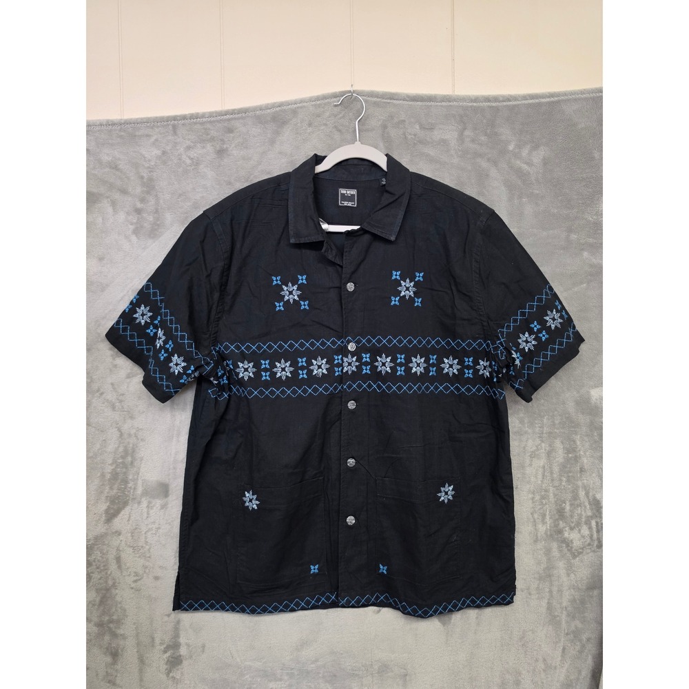 Todd Snyder Embroidered Button Down Camp Shirt Short Sleeve Black Blue XL